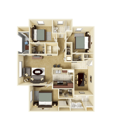Floor plan for 3 beds, 2 baths, 1390 sqft